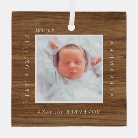 Minimale Baby Naam & Geboortestatistieken Foto Hou Glas Ornament (Achterkant)