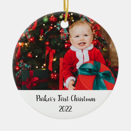 Minimale Baby Newborn Frist kerstfoto Keramisch Ornament (Voorkant)