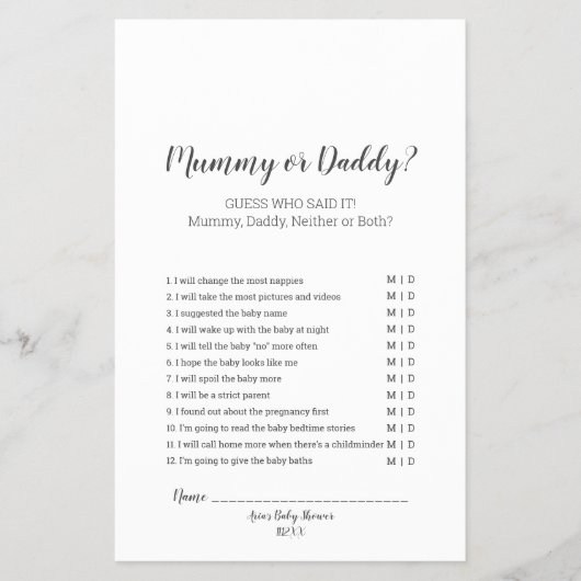 Minimale Baby shower Mummy of Papa Game Flyer (Voorkant)