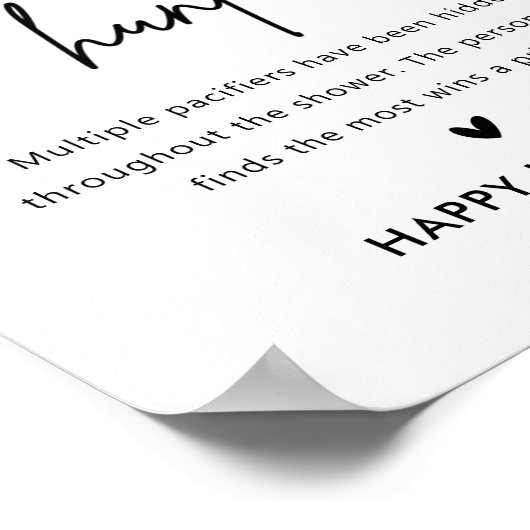 Minimale Baby shower Pacifier Hunt Game Sign Poster (Hoek)