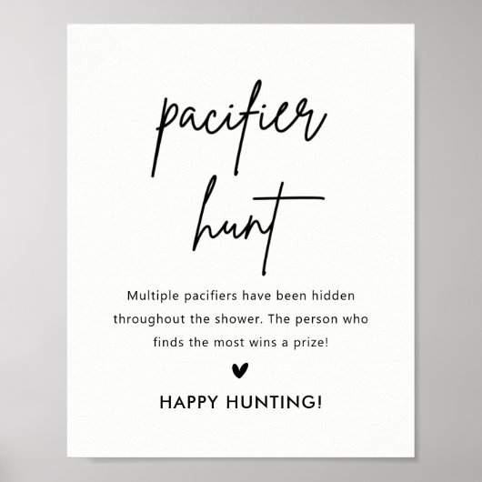 Minimale Baby shower Pacifier Hunt Game Sign Poster (Voorkant)