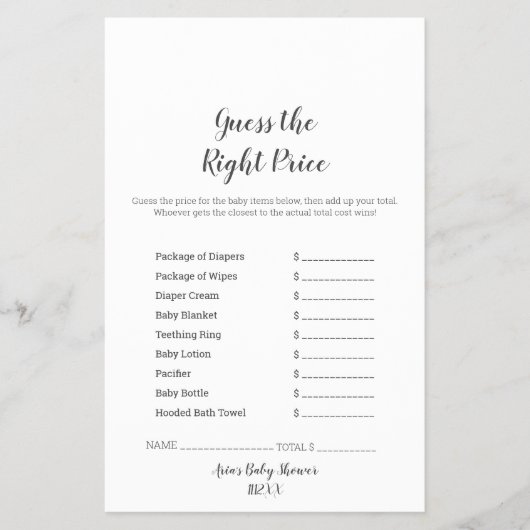 Minimale Baby shower raadDe juiste prijsbrochure Flyer (Voorkant)