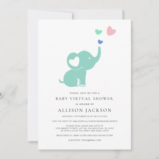 Minimale Baby Virtual Shower Mint Green Elephant Kaart (Voorkant)