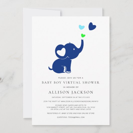 Minimale babyjongen Virtuele Shower Blauwe Elephan Kaart (Voorkant)