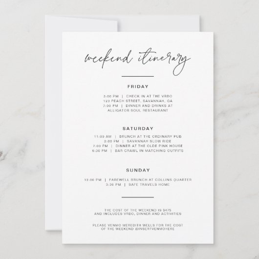 Minimale bachelorette Weekend Invite + reisroute Kaart (Achterkant)
