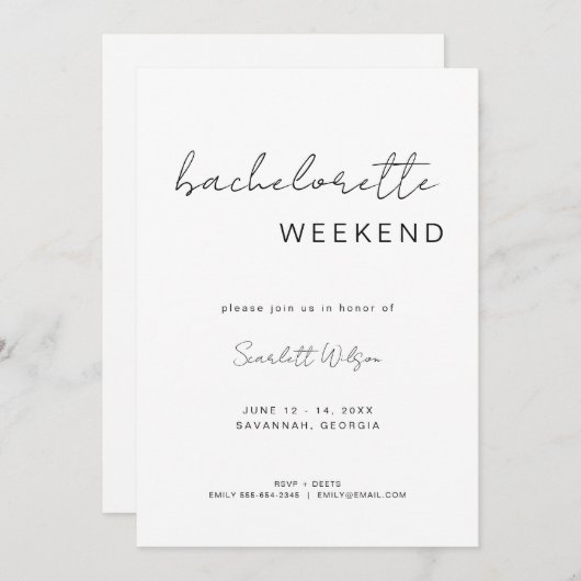 Minimale bachelorette Weekend Invite + reisroute Kaart (Voorkant / Achterkant)