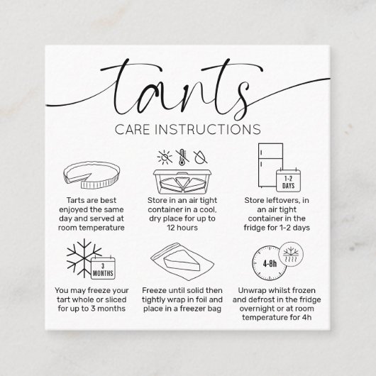 Minimale Bakkerij Quiche Taart Care Instructies Vierkante Visitekaartje (Voorkant)