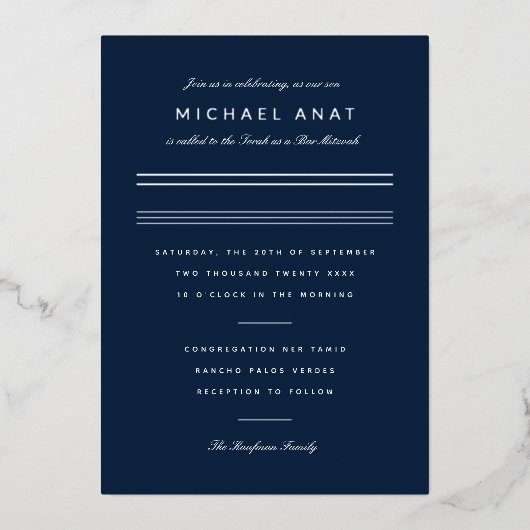 Minimale balk Mitzvah Navy Blue Silver Folie Uitnodiging (Voorkant)