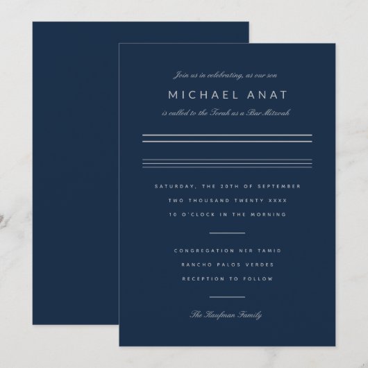 Minimale balk Mitzvah Navy Blue Silver Kaart (Voorkant / Achterkant)