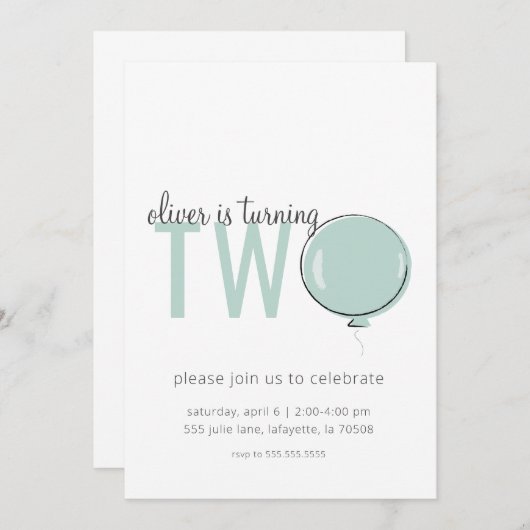 Minimale ballon tweede verjaardag uitnodiging (Voorkant / Achterkant)