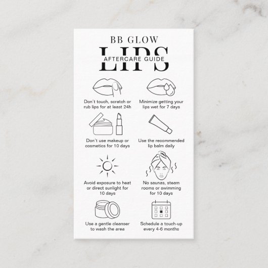 Minimale BB Glow Lips Aftercare Instructies Salon Visitekaartje (Voorkant)