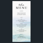Minimale Beach Waves Wedding Menu<br><div class="desc">Voeg dit bijpassende menu toe aan uw trouwdecoratie. Dit prachtige collectie voor het ontwerpen van strandbruiloften met minimale waterverf heeft een serene, handgeschilderde oceaanachtergrond die perfect de rustige schoonheid van het zee vastlegt. Met zachte, vloeiende golven in delicate tinten blauw en blauwgroen en elegante, ingetogen lettertypen straalt dit ontwerp een...</div>