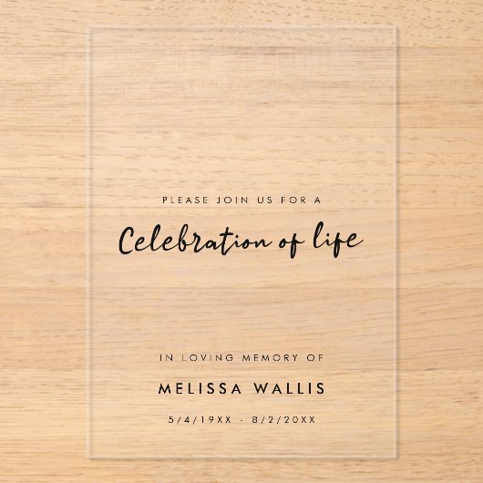 Minimale begrafenis | Moderne viering van het leve Acryl Uitnodigingen (Voorkant)