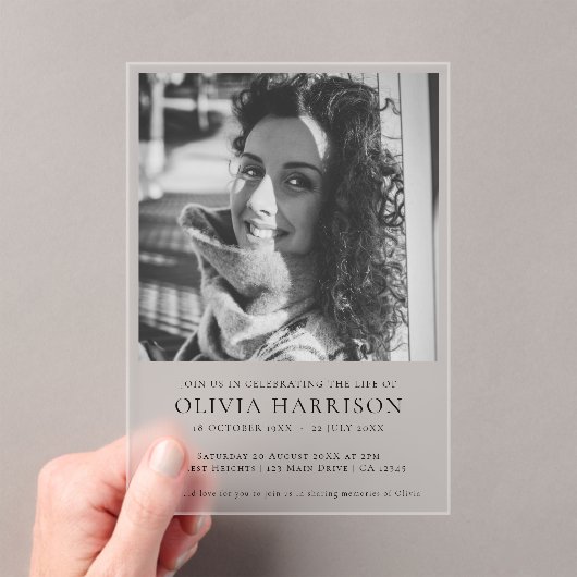 Minimale begrafenis | Moderne viering van het leve Acryl Uitnodigingen (Insitu (Draagbaar))