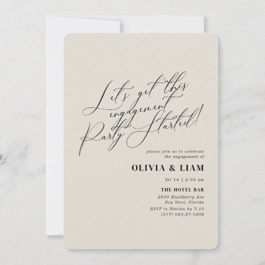 Minimale beige Calligrafie Engagement Party Kaart (Voorkant)