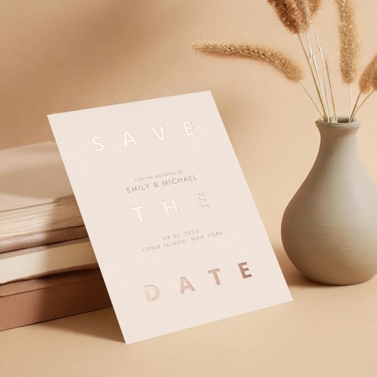 Minimale Beige Moderne Bruiloft Save the Date Folie Uitnodiging