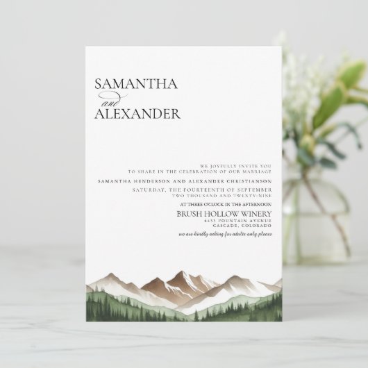 Minimale berg QR-code en details bruiloft Kaart (Staand voorkant)