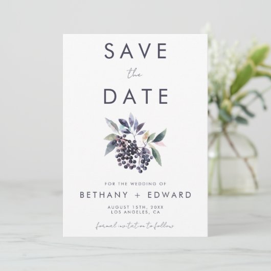 Minimale Berry bruiloft Save The Date (Staand voorkant)