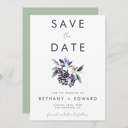 Minimale Berry bruiloft Save The Date (Voorkant / Achterkant)
