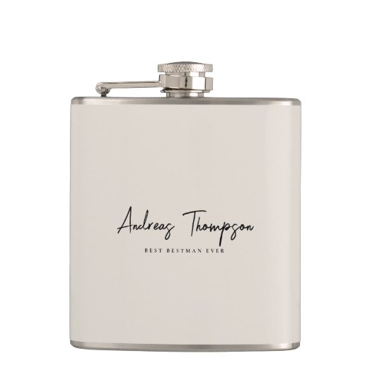 Minimale Best Man Groomsman Beige Zand Script Heupfles (Voorkant)