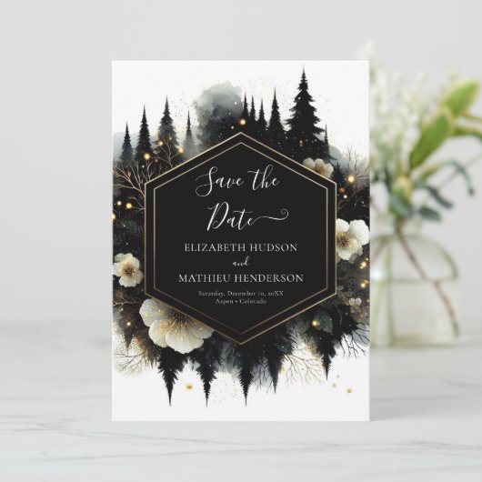 Minimale bewerkbare Enchanted Forest Wedding Save The Date (Staand voorkant)