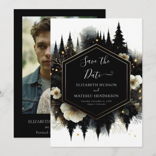 Minimale bewerkbare Enchanted Forest Wedding Save The Date (Voorkant / Achterkant)
