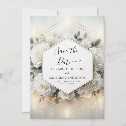 Minimale bewerkbare witte rozen bruiloft save the date (Voorkant)