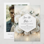 Minimale bewerkbare witte rozen bruiloft save the date (Voorkant / Achterkant)