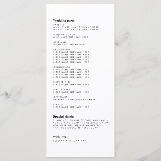 Minimale Black Feather Wedding Programma (Achterkant)