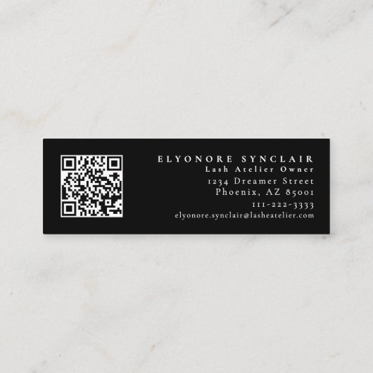 Minimale Black White Script Wimper Logo Qr Code Mini Visitekaartje (Achterkant)