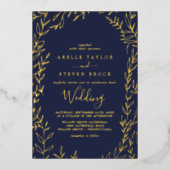Minimale blad | Gouden folie Navyblauwe kader Huwe Folie Uitnodiging (Voorkant)