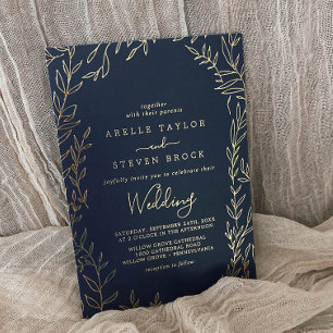 Minimale blad Gouden folie Navyblauwe kader Huwe Uitnodiging