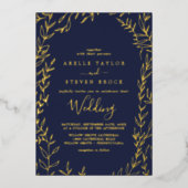 Minimale blad | Gouden folie Navyblauwe kader Huwe Uitnodiging (Voorkant)