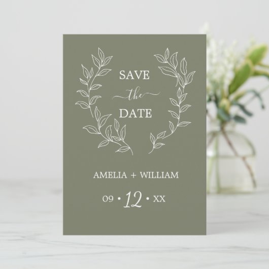 Minimale Blad Monogram Save the Date Trouw (Staand voorkant)