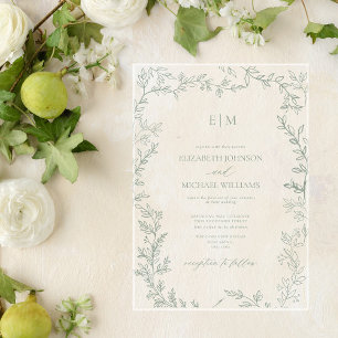 Minimale blad sage groene elegante monogram bruilo acryl uitnodigingen
