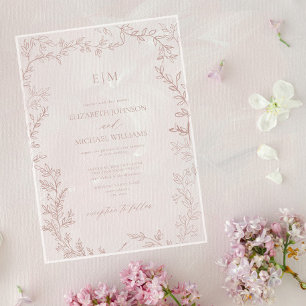 Minimale Blad Stof Roze Elegante Monogram Bruiloft Acryl Uitnodigingen