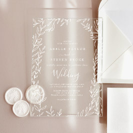 Minimale Blad Witte Groene Elegante Boho Bruiloft Acryl Uitnodigingen