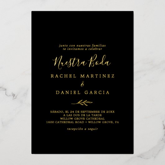 Minimale bladreuzel Zwarte Spaanse Nuestra Boda Folie Uitnodiging (Voorkant)