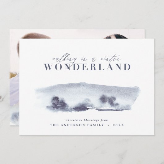 Minimale blauwe abstracte waterverf Kerstmis 1 fot Feestdagenkaart (Voorkant / Achterkant)