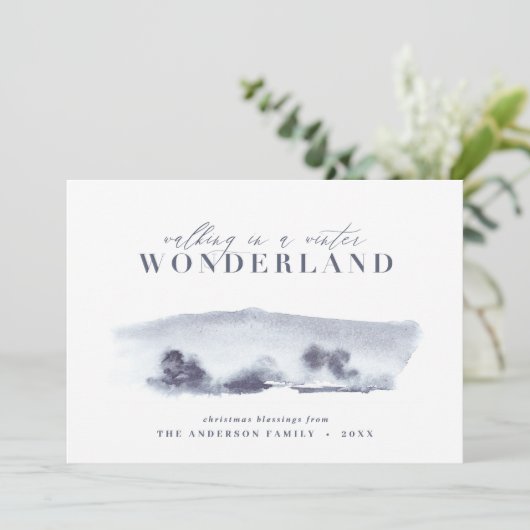 Minimale blauwe abstracte waterverf Kerstmis 1 fot Feestdagenkaart (Staand voorkant)