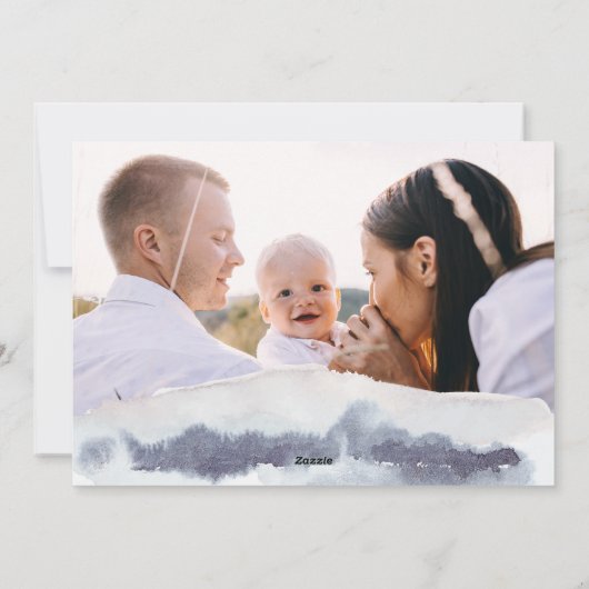 Minimale blauwe abstracte waterverf Kerstmis 1 fot Feestdagenkaart (Achterkant)