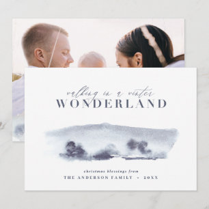 Minimale blauwe abstracte waterverf Kerstmis 1 fot Feestdagenkaart