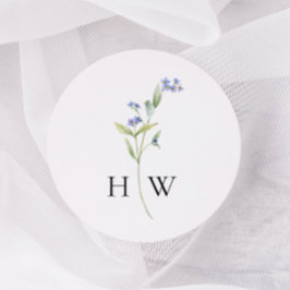 Minimale blauwe bloemen bruiloft ronde sticker
