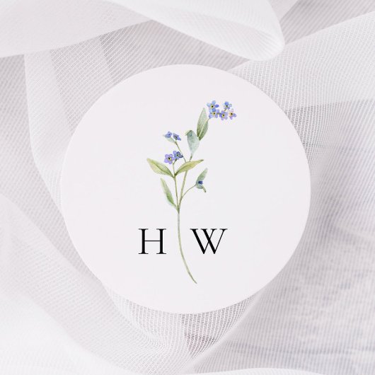 Minimale blauwe bloemen bruiloft ronde sticker