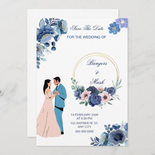 Minimale Blauwe Bloemen met Bruiloft Paar Kaart (Voorkant / Achterkant)