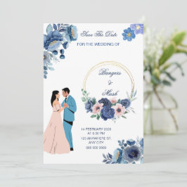 Minimale Blauwe Bloemen met Bruiloft Paar Kaart