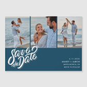 Minimale Blauwe Drie Foto Bruiloft Save the Date Magnetische Uitnodiging (Voorkant)