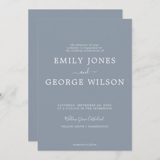 Minimale blauwe en witte formele monogram bruiloft kaart (Voorkant / Achterkant)