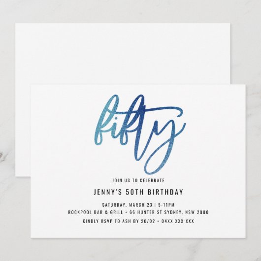 Minimale blauwe Folie 50e verjaardag uitnodiging (Voorkant / Achterkant)