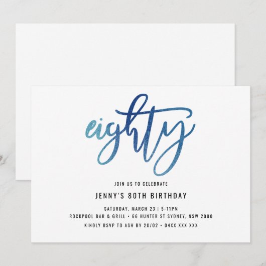 Minimale blauwe Folie 80e verjaardag uitnodiging (Voorkant / Achterkant)